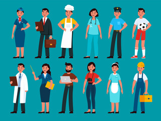 Professionals. Builder and policeman, stewardess and teacher, programmer and businessman, chef and doctor, photographer, football player nurse and housekeeper cartoon people vector set