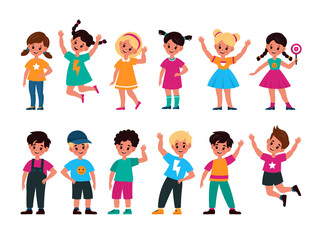 Happy kids. Joyful preschool children in different action poses, waving hand, jumping and standing, little friends girls and boys smile and laughter cartoon flat vector collection