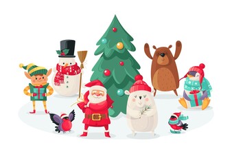 Christmas cartoon characters. New year animals bullfinch and bear, rabbit and penguin, Santa Claus and snowman, elf and squirrel, holiday tree vector isolated objects for design