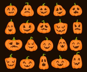 Halloween orange pumpkin set. Cartoon pumpkins jack lantern characters, vegetable with scary terrible head spooky faces and creepy smile vector cartoon set isolated on black background
