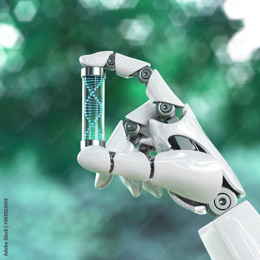 Aufkleber robotic hand holding dna sample, artificial intelligence concept, bionic brain 3d rendering