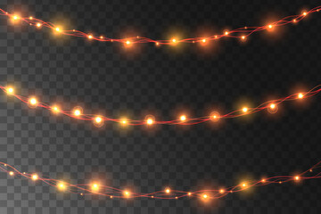 Fototapeta na wymiar Christmas lights. Set of color garlands, festive decorations. Glowing christmas lights isolated on transparent background. 