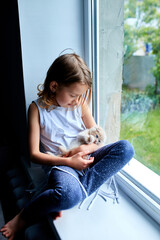 The child girl plays with a British little playful kitten at home near the window.