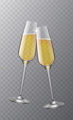 Two champagne glasses. Christmas toast symbol, cheers xmas and wedding selebration. Clink realistic 3d wineglasses. Happy new year vector isolated on transparent background concept