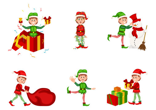 Christmas elf vector character set. Boy elves with green costume holding gifts and playing. Bundle of little Santa's helpers holding holiday gifts and decorations. Set of adorable cartoon characters.