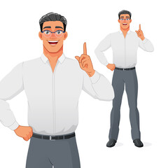 Young businessman pointing finger up to give advice or recommendation. Isolated vector cartoon character.