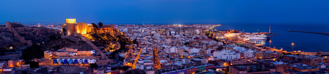 Panoramic view to night with the Citadel of Almeria