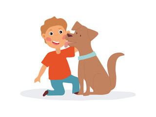 Happy boy playing with his dog. Flat vector illustration.