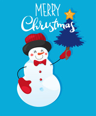 Merry Christmas and Happy New Year. Cute snowman with a Christmas tree on a blue background with text. Seasonal greetings. Flat vector illustration.