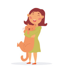 Happy little girl hugging her cat. Cartoon vector illustration