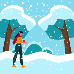 Flat girl in a jacket and scarf is walking in a winter Park, a girl with a reusable mug, it's snowing. Cute winter flat illustration