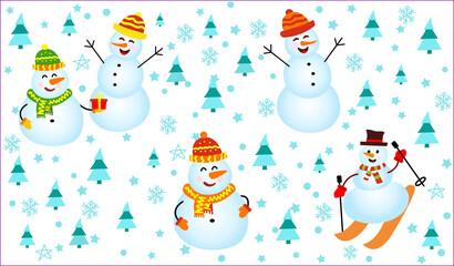 Winter pattern with snowmen, snowflakes and christmas trees. happy Snowman on white background. Vector Seamless pattern. can be used for Christmas cards or wrapping paper.