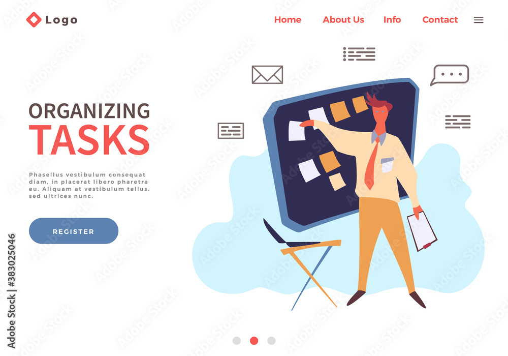 Poster landing page template with man make organizing tasks. planning and time management concept with pers