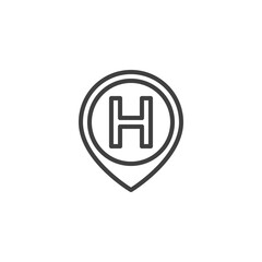 Hotel map pin line icon. linear style sign for mobile concept and web design. Hotel location pointer outline vector icon. Symbol, logo illustration. Vector graphics