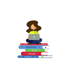 An illustration of a girl sitting on a stack of books with laptop. Online learning concept. School during quarantine. Isolated on white.