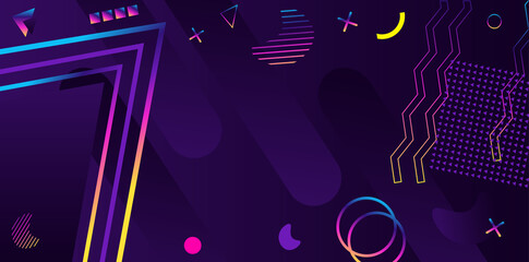 Abstract geometric ultraviolet background. Modern futuristic style. Banner with chaotic geometric shapes. Circle and rainbow stripes.
