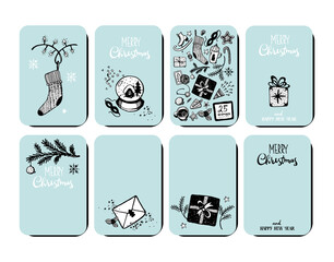 Set of New Year s cards. Christmas greetings with hand drawings. Vector doodle illustration on a blue background. Collection for design, sale, invitations, holiday decor.