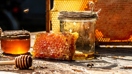 Delicious honey and fresh honeycombs. Honey, Honeycomb, Honey Bee. Honey background. Beekeeping...
