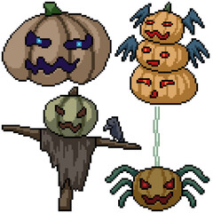 pixel art set isolated pumpkin monster halloween
