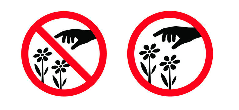 Do not pluck or grab flowers and blossom. Forbidden pick up flower or bloom.
Vector signs Stop, no ban icon. Symbol for plant, park, garden, prohibition, warning. No plucking the plants and blooms.