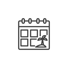 Vacation planning line icon. linear style sign for mobile concept and web design. Calendar with island tree outline vector icon. Symbol, logo illustration. Vector graphics
