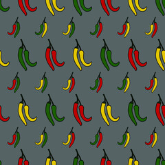 Chilli pepper vector seamless pattern on grey backrgound