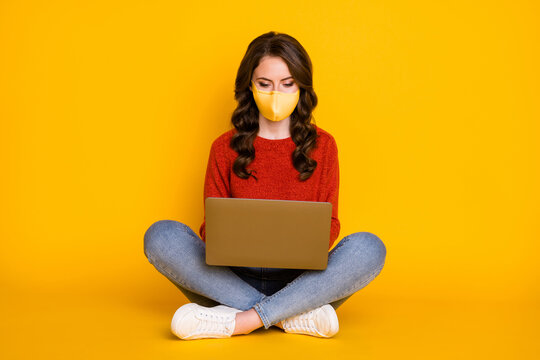 Portrait of her she nice attractive lovely pretty focused wavy-haired girl sitting using laptop e-commerce e-banking covid quarantine isolated on bright shine yellow color background