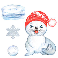 Small seal watercolor illustration, Antarctic animal, snowflake, ice floe, seal in a santa hat.