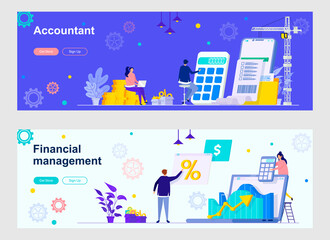 Accountant and financial management landing page with people characters. Audit, calculating financial statements web banners set. Business consulting vector illustration great for social media cover.