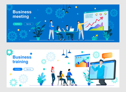 Business meeting landing page with people characters. Corporate coaching and professional skills development web banners set. Business team training vector illustration great for social media cover.