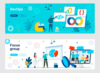 DevOps and focus group landing page with people characters. Potential customers discussion and opinion web banner. Programming and engineering service vector illustration great for social media cover.