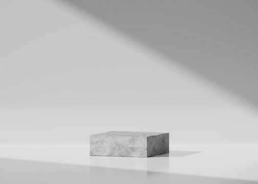 3D concrete Pedestal podium on  white background. Gray display for beauty product, cosmetic promotion. Natural rock, grey stone. Minimal, industrial scene. Abstract 3d render with copy space 