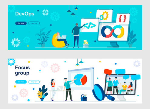 DevOps and focus group landing page with people characters. Potential customers discussion and opinion web banner. Programming and engineering service vector illustration great for social media cover.