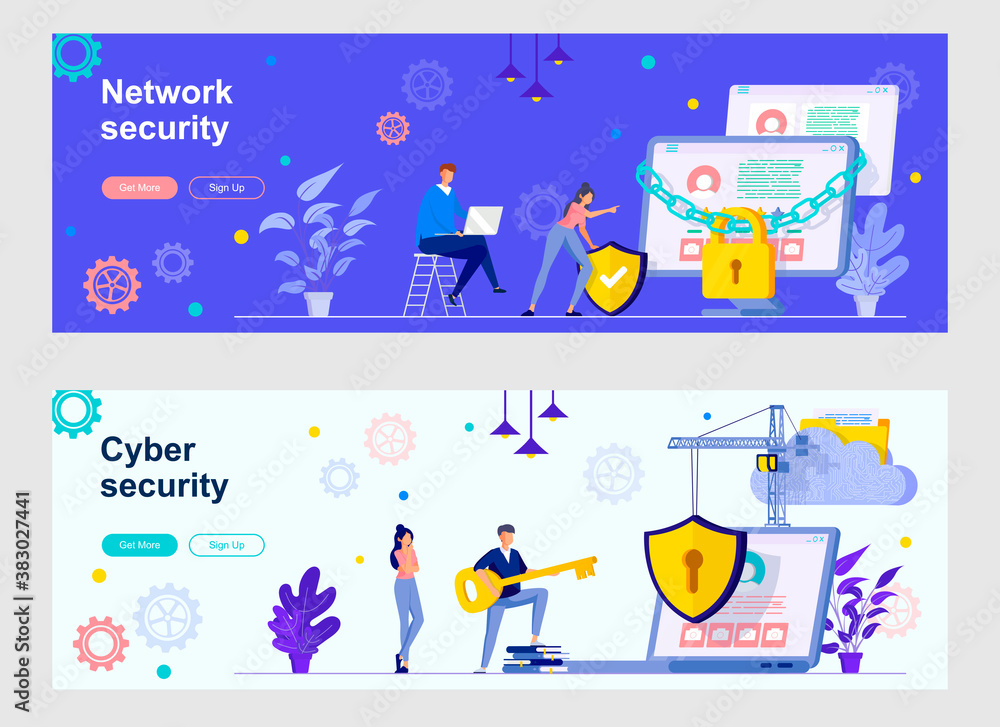 Aufkleber cyber security landing page with people characters. internet privacy, password identification web ba