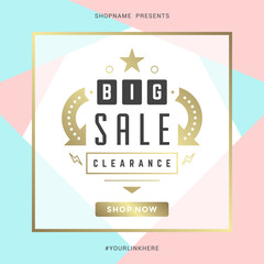 Sale banner template design with gold frame and clearance message vector illustration