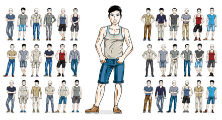 Men in casual wear vector illustrations big set isolated on white background, attractive and handsome males in full body length standing and posing, gorgeous people drawings collection. © Sylverarts