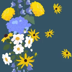  Seamless vector floral illustration with a bouquet of hydrangea, bluebells, rudbeckia, dahlia © Nadezhda