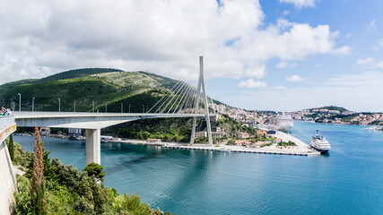 Franjo Tudman Bridge with seascape and the town Dubrovnik.