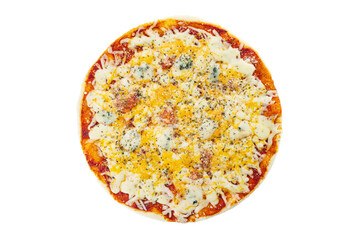 Top view italian four cheese pizza with cheese and tomato isolated at white background.