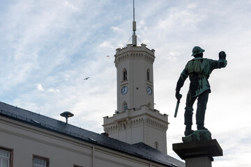 Deutschland, Sachsen, Schneeberg, Bergarbeiter, Bergmannsbrunnen, Rathaus