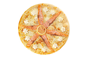 Top view italian pizza with salmon fish, cheese and lemon isolated at white background.