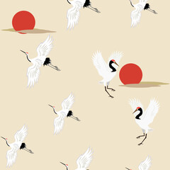 Seamless vector illustration with birds of cranes at sunrise.