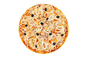 Top view italian seafood pizza with olives, shrimps, squid and cheese isolated at white background.