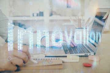 Businessman working on Laptop with technology theme drawing. Concept of big data. Double exposure.