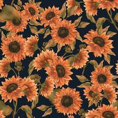 Materiał do szycia Floral raster seamless pattern. Floral botanical motifs. Illustration with sunflowers can be used for wallpapers, pattern fills, web page backgrounds,surface textures. Gorgeous floral arrangement