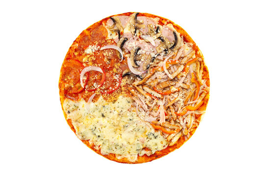 Top view four seasons pizza with cheese, ham, pepper, onian, mushrooms and tomato isolated at white background.
