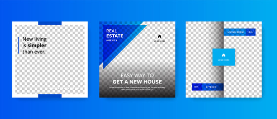 Real estate agency social media post layouts. Square graphic templates for agents selling houses