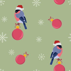 Seamless vector illustration with new year balls and bullfinches in santa hat.
