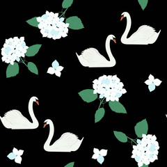 Seamless vector illustration with bouquets of hydrangeas and swans