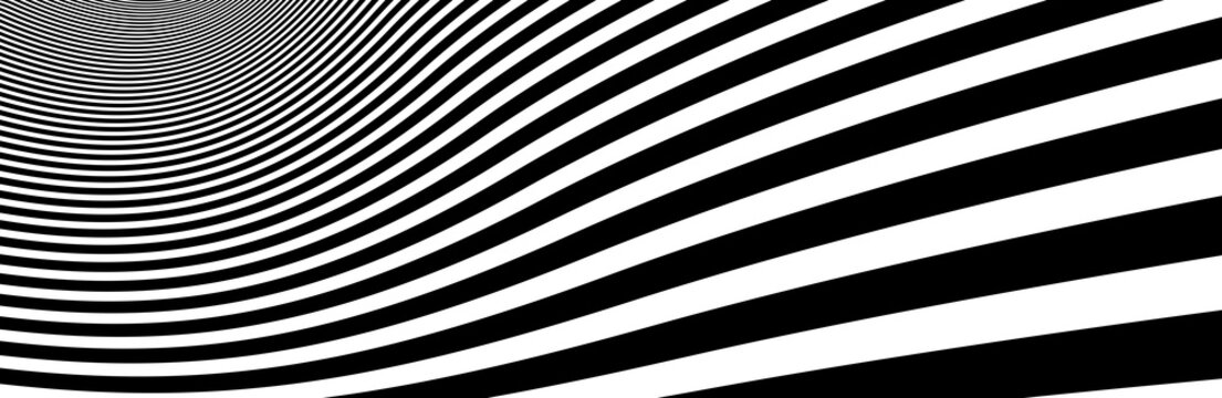 Op art distorted perspective black and white lines in 3D motion abstract vector background, optical illusion insane linear pattern, artistic psychedelic illustration.